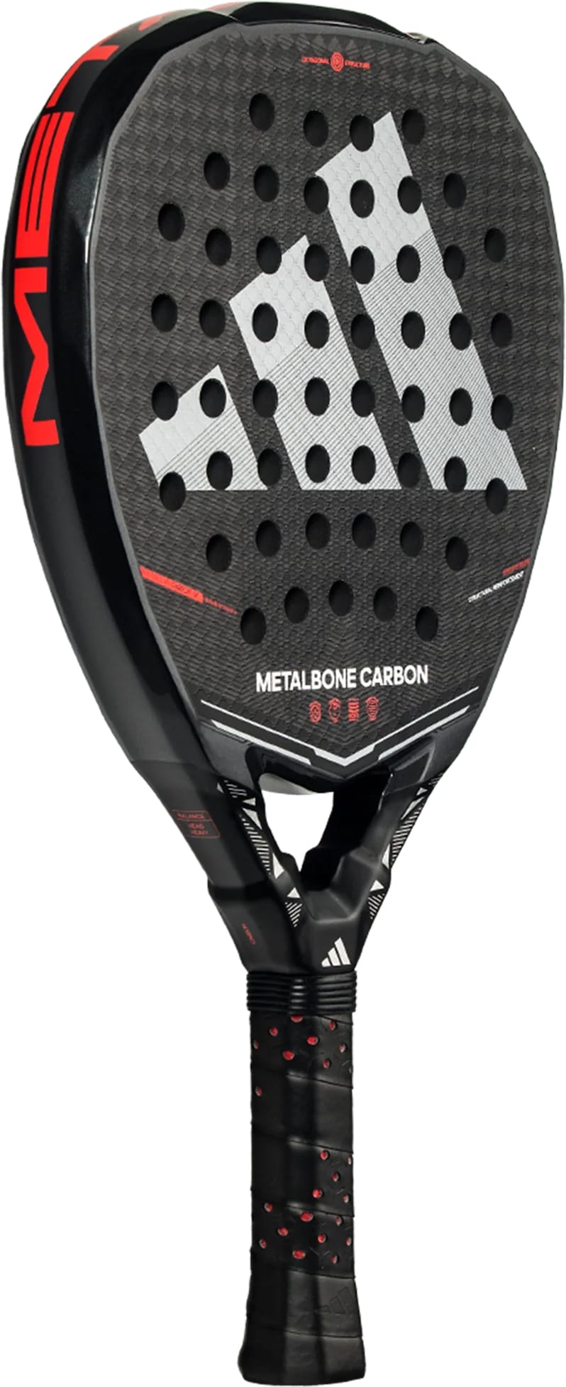 The adidas ADIDAS Metalbone Carbon 2026 Padel Racket is black with a textured surface, large white logo, and red accents. Designed for advanced players, its face has multiple holes for aerodynamics.