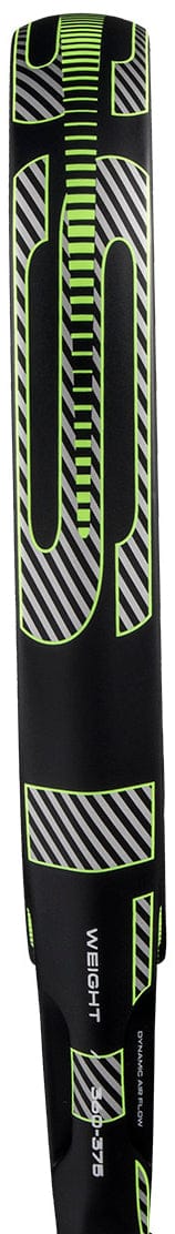 Close-up of a black cricket bat featuring bold green and white geometric stripes, inspired by the sleek adidas Cross It Carbon 2026 Padel Racket - Black / Green, with "WEIGHT" printed near the bottom.