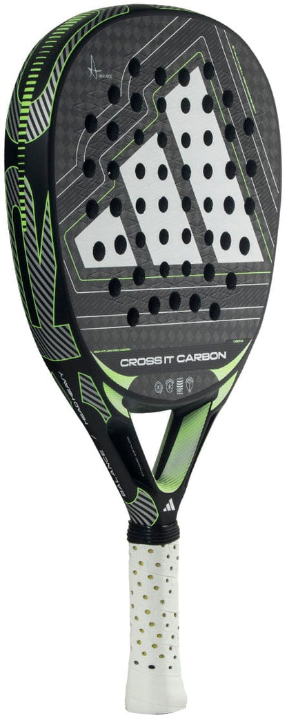 The adidas Cross It Carbon 2026 Padel Racket - Black / Green features a perforated carbon fibre face, white grip, and green accents, designed for advanced players seeking high performance.