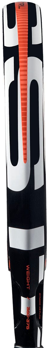 Close-up of a black and white ski with bold white letters and an orange stripe, featuring small orange text "WEIGHT X 365" near the bottom, echoing the sleek style of the adidas Cross It Team Ctrl 2026 Padel Racket in Black/Orange.