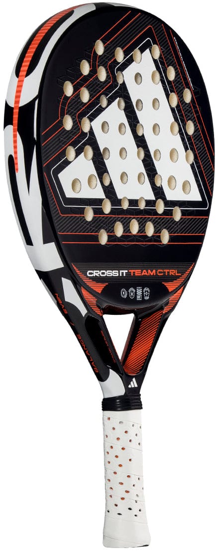 The adidas Cross It Team Ctrl 2026 Padel Racket in black and orange features a large Adidas logo, perforated holes, Extra Power Grip, and a white grip with small red dots.