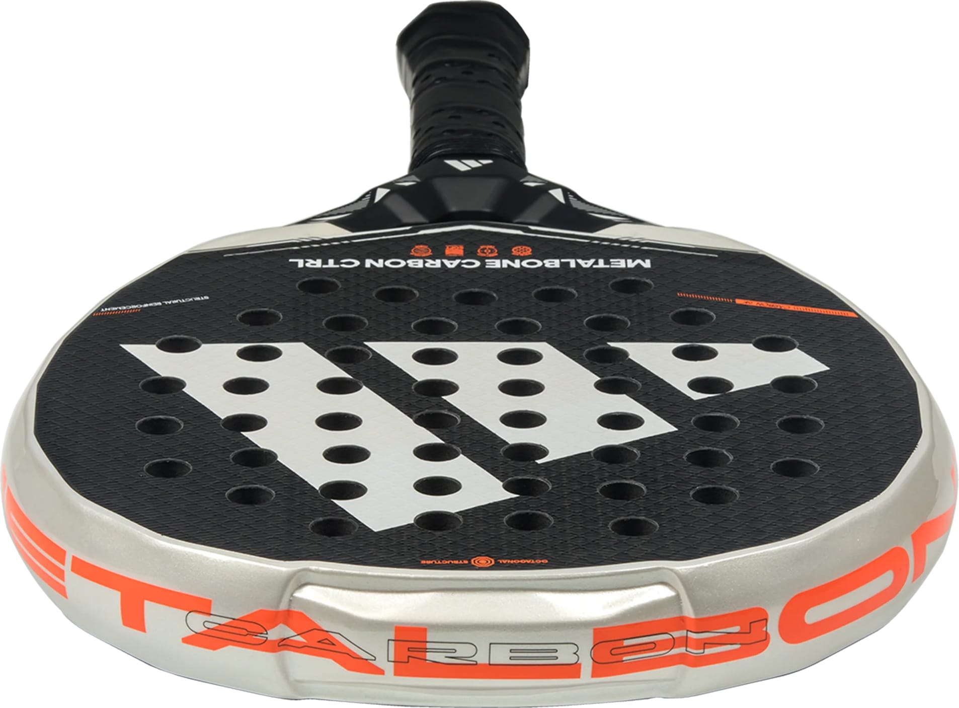 A close-up of the ADIDAS Metalbone Carbon CTRL 2026 Padel Racket by adidas reveals its black surface with circular holes, bold white logo, orange and silver rim details, and a black-gripped handle—an ideal choice for advanced players.