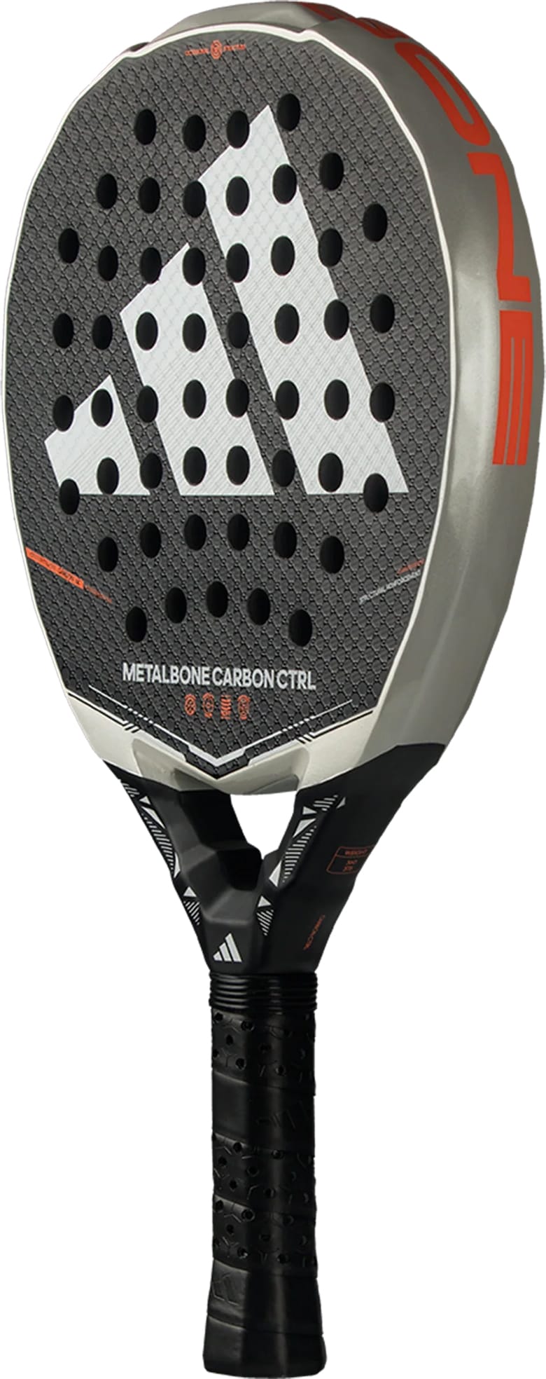 The adidas Metalbone Carbon CTRL 2026 padel racket for advanced players features a black and gray honeycomb design, bold white adidas logo, red accents, and "METALBONE CARBON CTRL" text near the center.