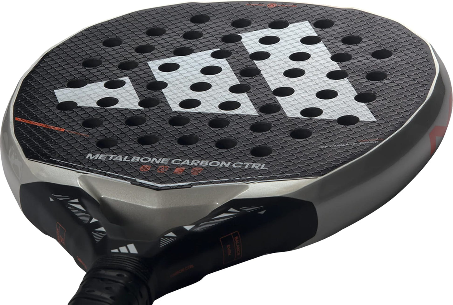 Close-up of the adidas Metalbone Carbon CTRL 2026 padel racket for advanced players, showcasing a round hole pattern, textured surface, geometric design, and "METALBONE CARBON CTRL" branding.