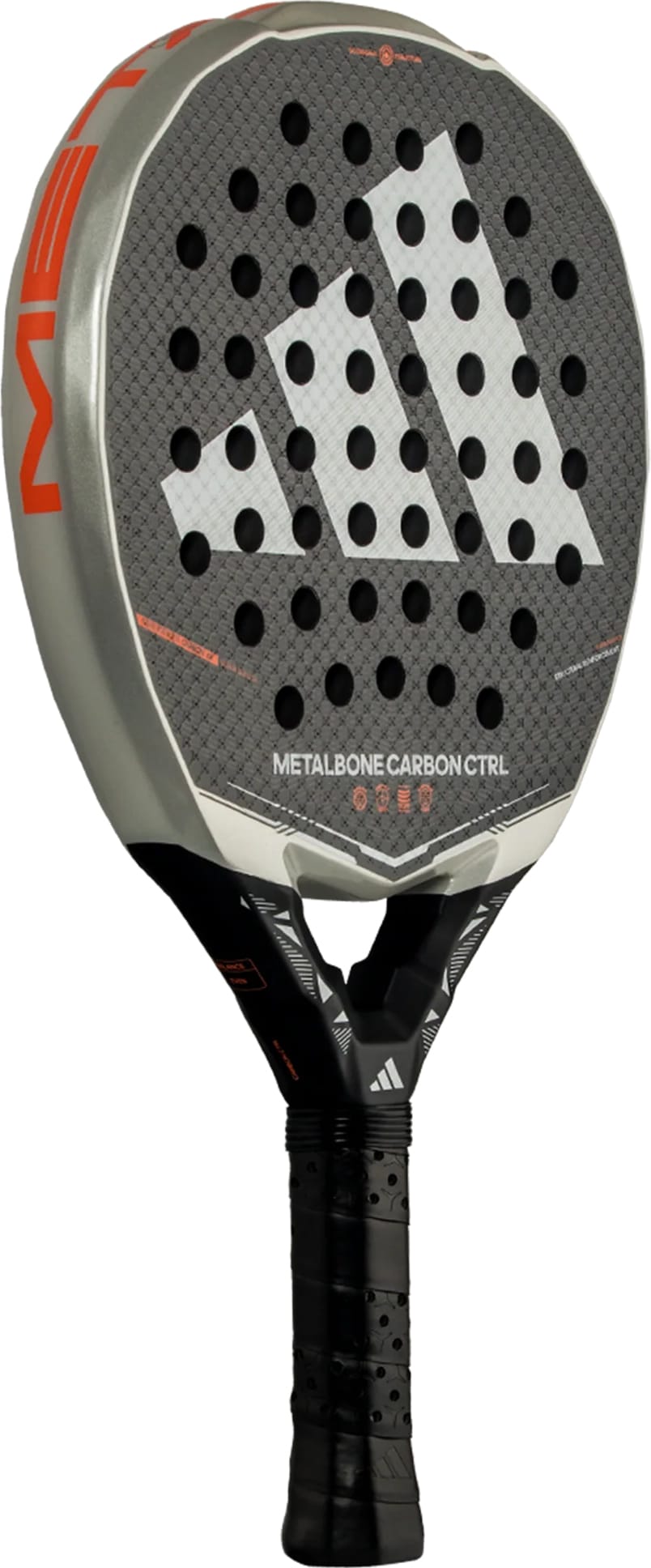 The adidas Metalbone Carbon CTRL 2026 padel racket is black and gray, built for advanced players, with a large white logo, round face holes, “Metalbone Carbon CTRL” by the handle, and a black grip tape-wrapped handle.