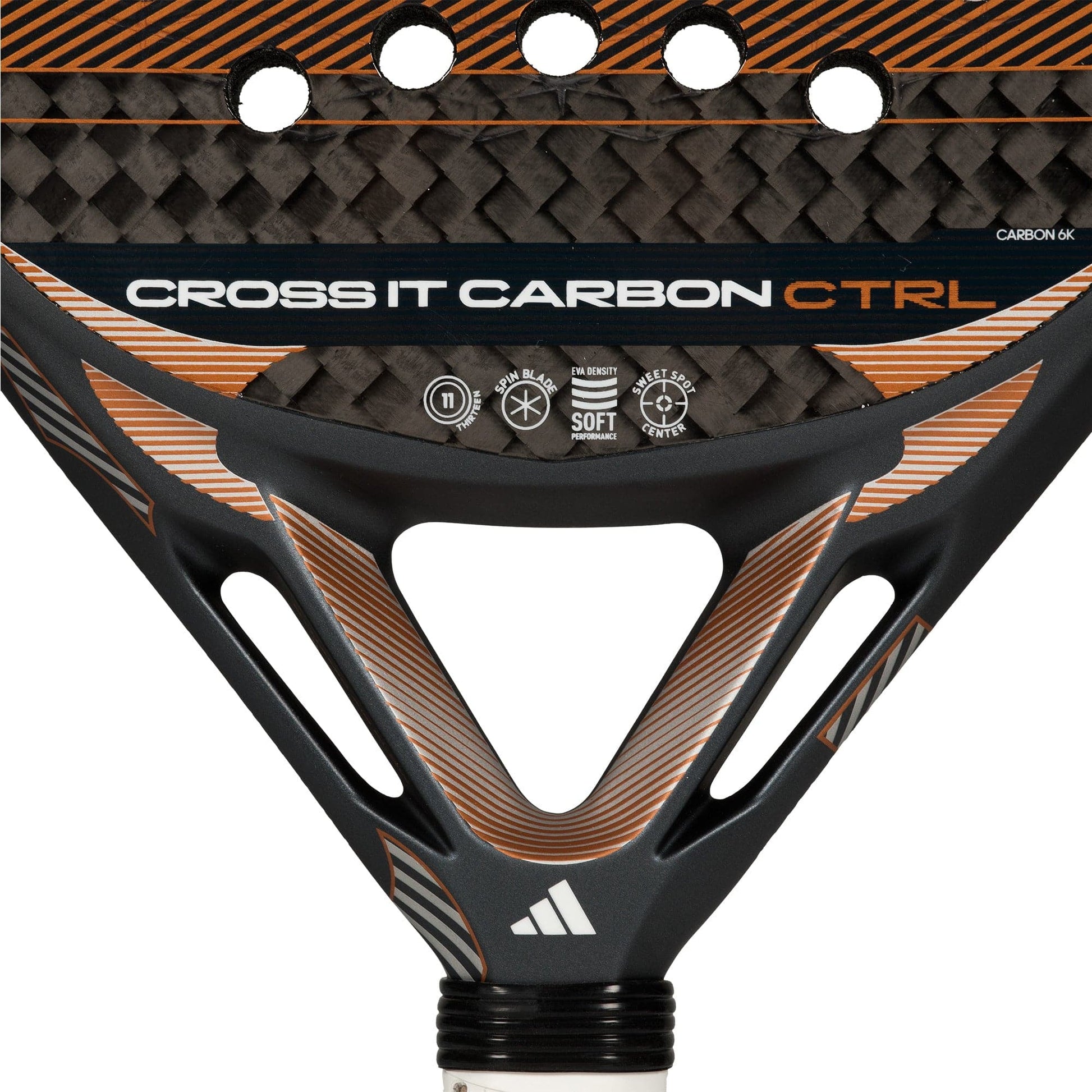 Close-up of the adidas Cross It Carbon Ctrl 2026 Padel Racket in black, featuring carbon fibre construction, "CROSS IT CARBON CTRL" text, spec icons, and Extra Power Grip for improved control.