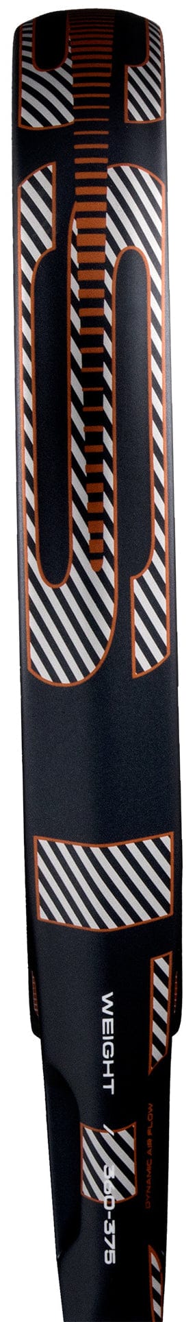 A close-up of the adidas ADIDAS Cross It Carbon Ctrl 2026 Padel Racket in black shows bold orange geometric patterns and diagonal stripes, with "WEIGHT" and "1495/175" visible near the base, evoking carbon fibre precision.