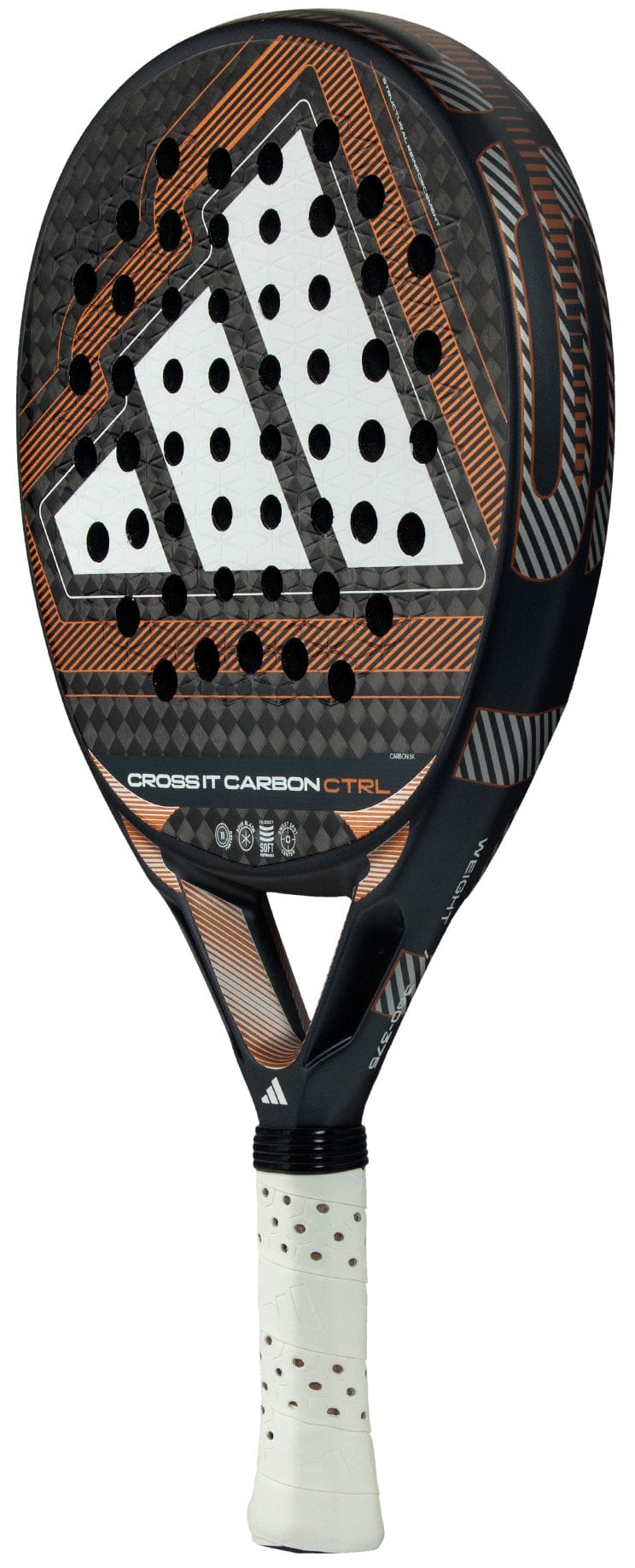 The adidas Cross It Carbon Ctrl 2026 Padel Racket - Black features a carbon fibre build, striking black and orange design, white Extra Power Grip, triangular shape, and circular holes on the hitting surface.