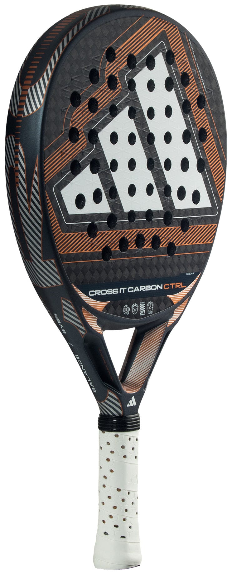 The adidas Cross It Carbon Ctrl 2026 Padel Racket - Black features a black and orange carbon fibre frame, large white adidas logo, perforated surface, and Extra Power Grip handle wrapped with textured tape for enhanced control.
