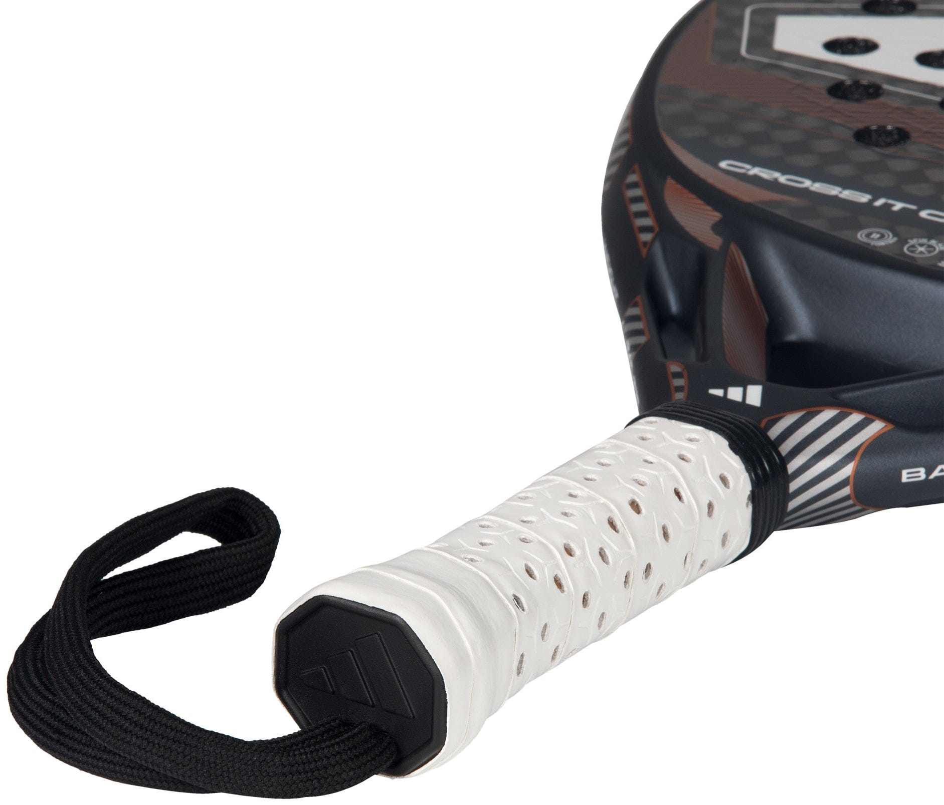 Close-up of the handle on the adidas Cross It Carbon Ctrl 2026 Padel Racket - Black, highlighting the perforated Extra Power Grip, black wrist strap, and premium black-and-brown carbon fibre finish.