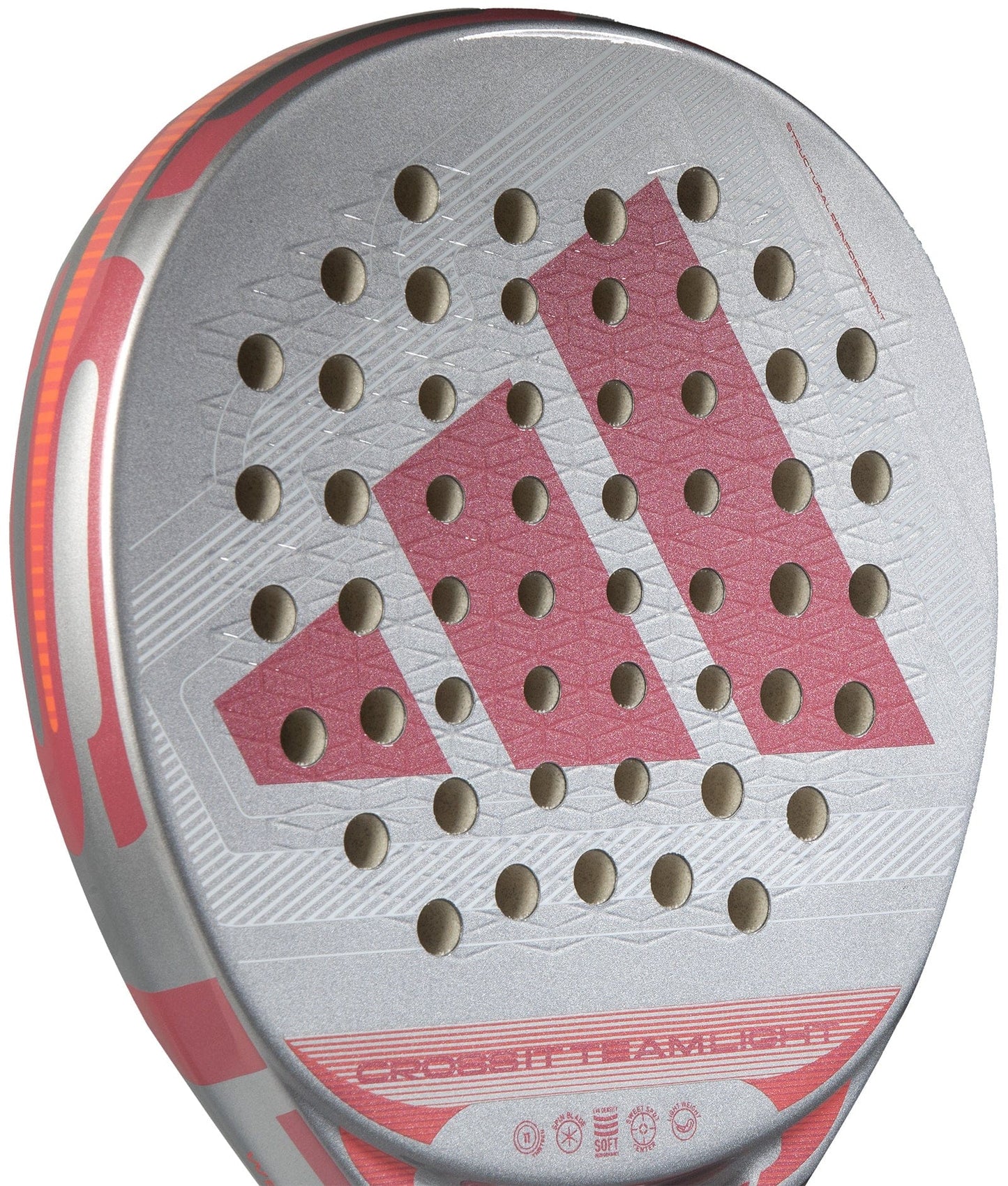 Close-up of the lightweight adidas Cross It Team Light 2026 Padel Racket in white and pink, featuring the adidas logo, round perforations on the hitting surface, and an Extra Power Grip for enhanced control.