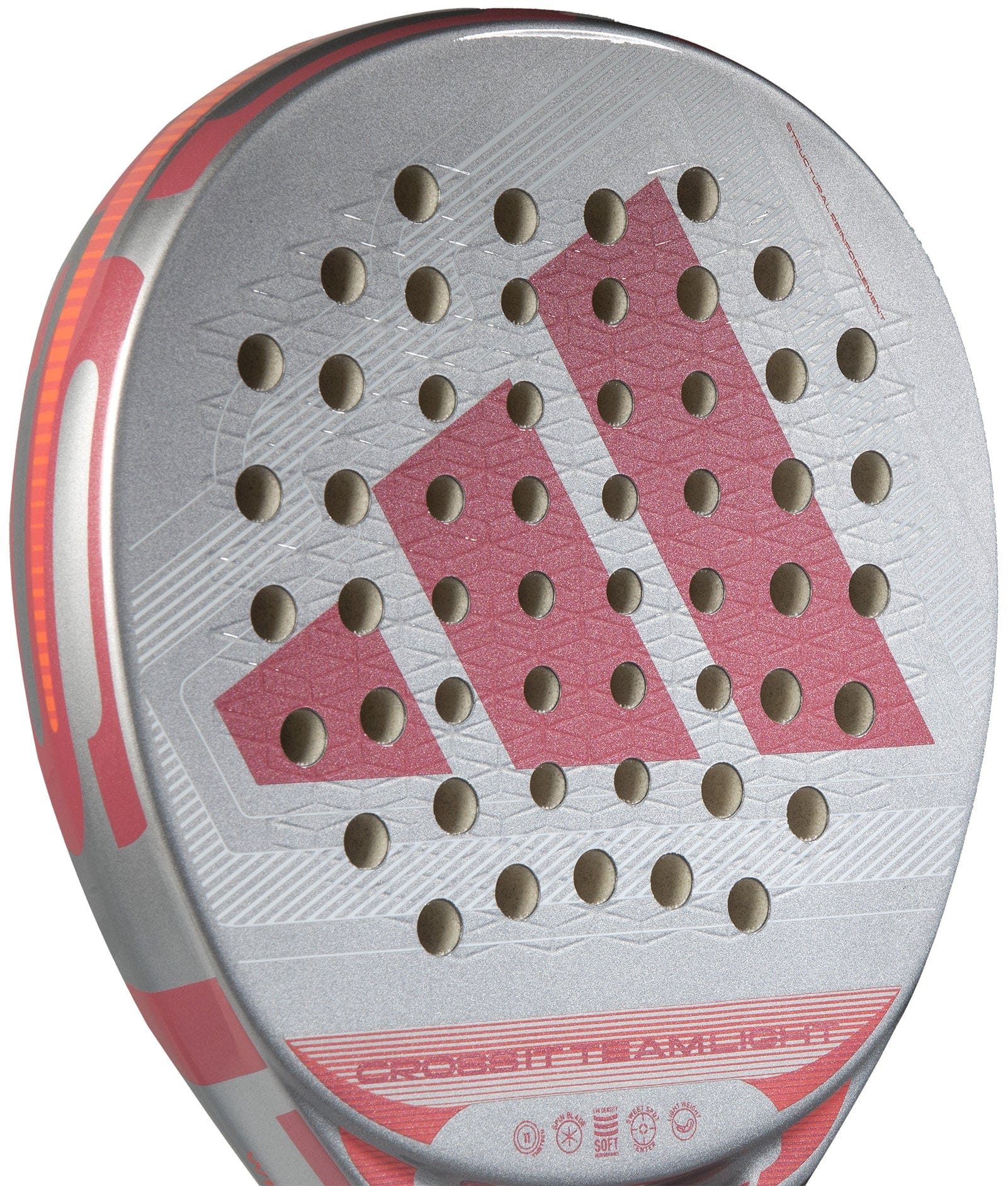 Close-up of the lightweight adidas Cross It Team Light 2026 Padel Racket in white and pink, featuring the adidas logo, round perforations on the hitting surface, and an Extra Power Grip for enhanced control.