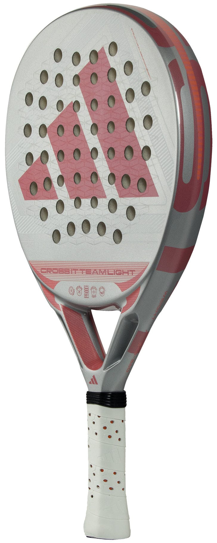 The adidas Cross It Team Light 2026 Padel Racket in white and pink features a large triangular logo, perforated face, and comfortable grip. This lightweight racket combines style and performance for great play on the court.