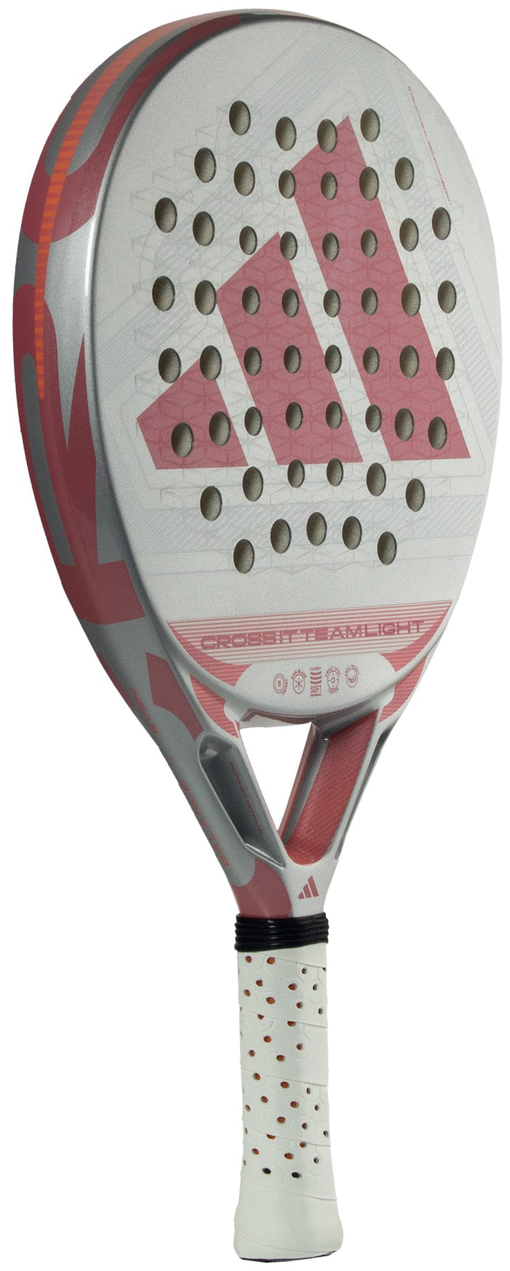 A white and pink adidas Cross It Team Light 2026 Padel Racket features a perforated surface, geometric design, Extra Power Grip, and "CROSS IT TEAM LIGHT" printed on the lower part of the lightweight racket face.