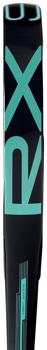 Close-up of the edge of a black and green adidas ADIDAS RX Series 2026 Padel Racket, featuring bold lettering and a small label near the bottom—ideal for intermediate players seeking performance and style.