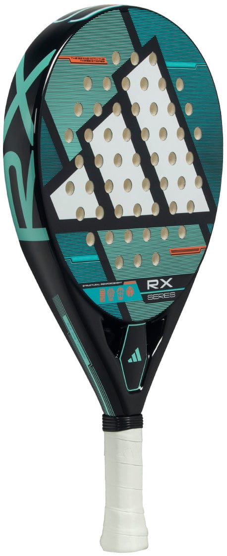 The adidas RX Series 2026 Padel Racket - Black/Green has a perforated fibreglass face and white grip, designed for intermediate players. Features "RX SERIES" and the adidas logo on the handle.