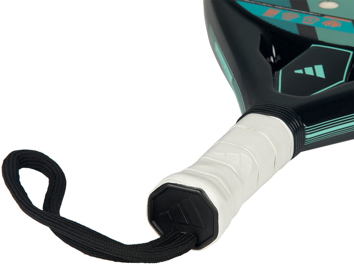 Close-up of the adidas ADIDAS RX Series 2026 Padel Racket - Black / Green handle with white grip and black wrist strap. This fibreglass racket is designed for intermediate padel players, featuring striking green and black details.