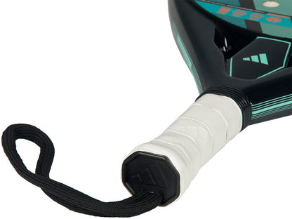 Close-up of the adidas ADIDAS RX Series 2026 Padel Racket - Black / Green handle with white grip and black wrist strap. This fibreglass racket is designed for intermediate padel players, featuring striking green and black details.