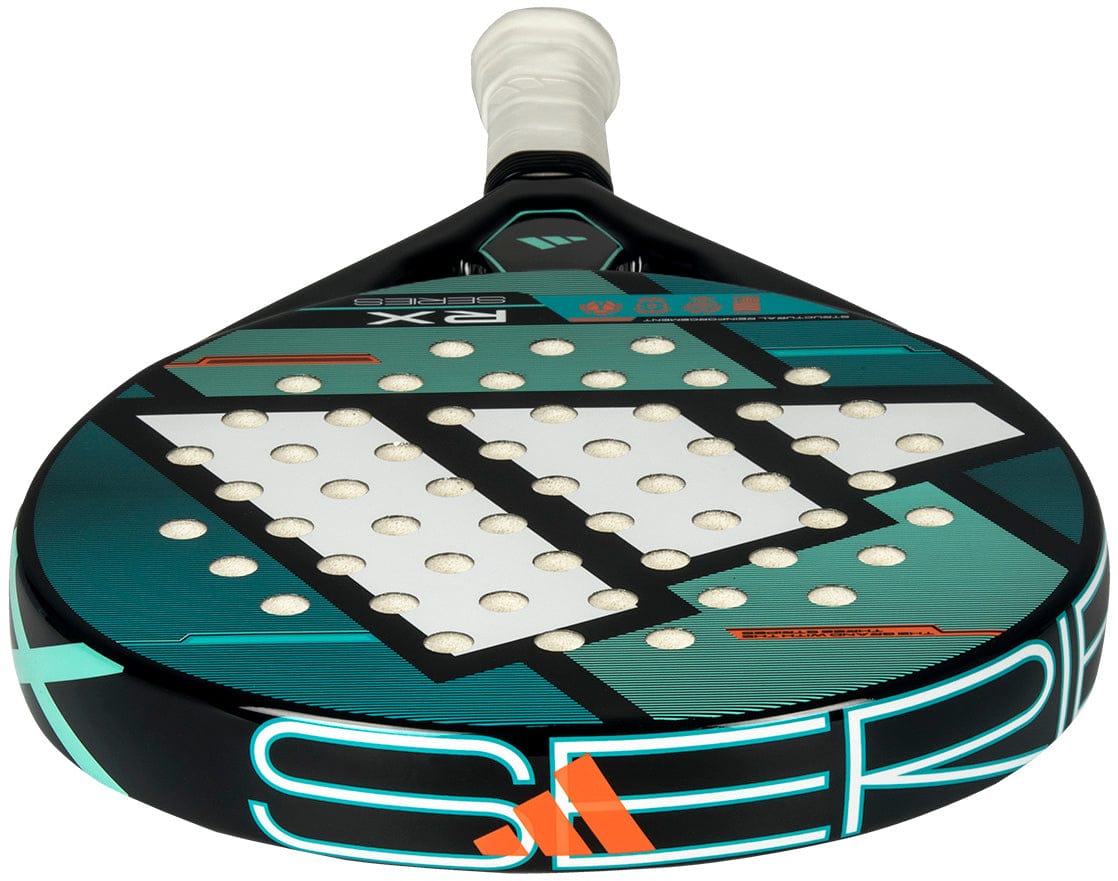 A close-up of the adidas RX Series 2026 Padel Racket - Black / Green shows its modern fiberglass build, black and green geometric design with perforated holes, "SERIE" along the edge, and a handle wrapped in white grip tape.