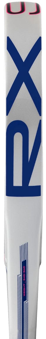 A close-up of the adidas ADIDAS RX Series Light 2026 Padel Racket in white, featuring bold blue "PX," a vertical blue detail near the handle, and neon pink accents at the top and lower side, showcasing its sleek, modern design.