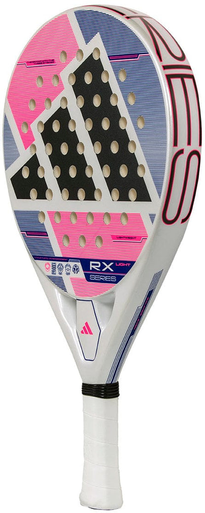 The adidas ADIDAS RX Series Light 2026 Padel Racket - White features a white frame with pink and blue geometric designs, a black perforated face, and a white handle with black grip tape.