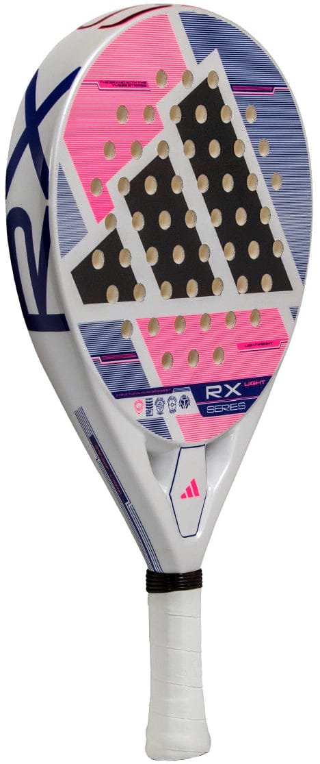 The adidas ADIDAS RX Series Light 2026 Padel Racket in white showcases pink, purple, and grey geometric patterns, a perforated face, black and white handle, plus RX Light and adidas logos on the frame.