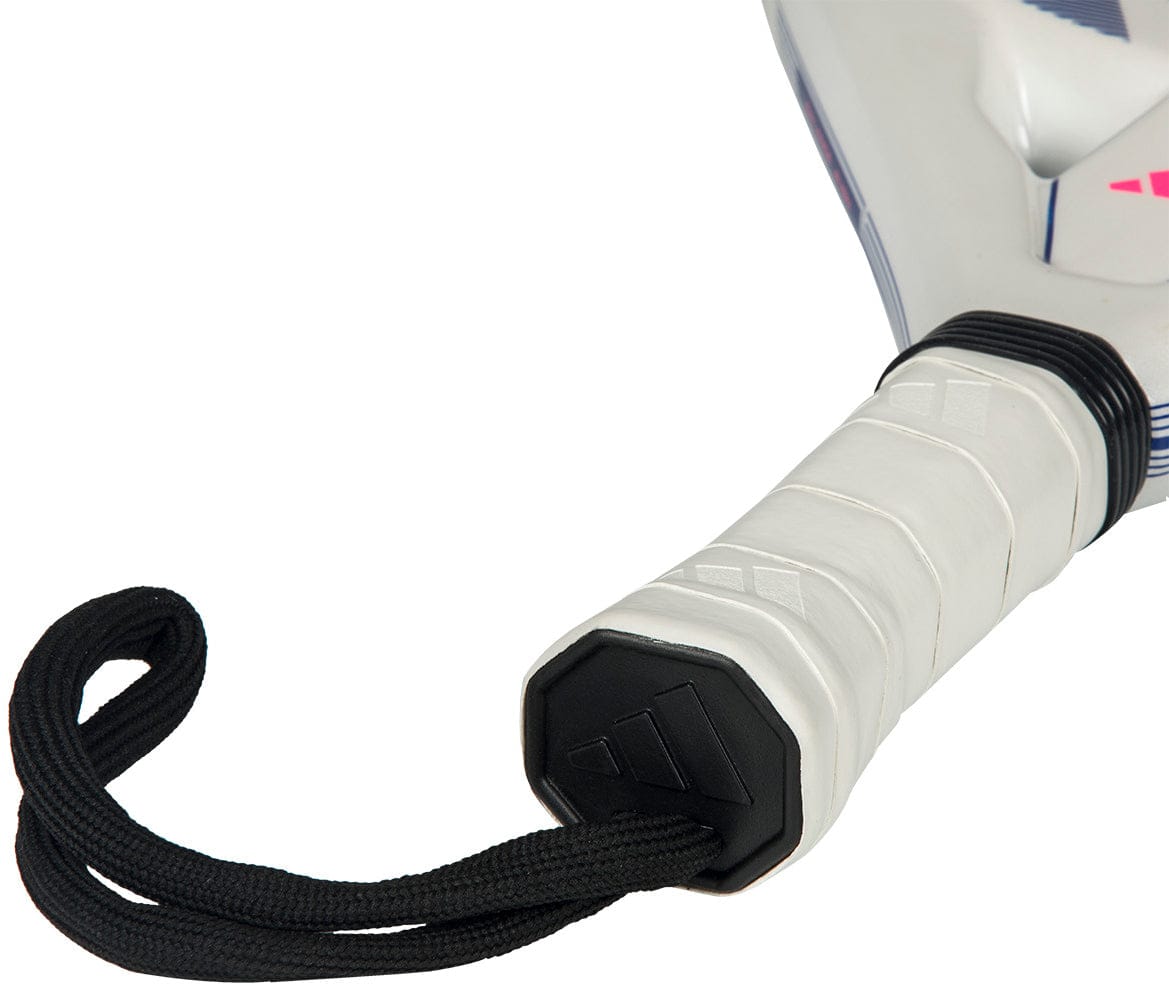 Close-up of the handle on the adidas ADIDAS RX Series Light 2026 Padel Racket - White, featuring white grip tape, a black wrist strap, subtle textured patterns, and a black end cap.