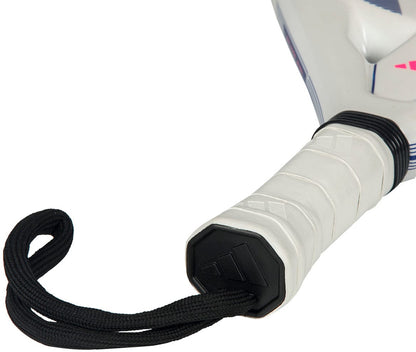 Close-up of the handle on the adidas ADIDAS RX Series Light 2026 Padel Racket - White, featuring white grip tape, a black wrist strap, subtle textured patterns, and a black end cap.