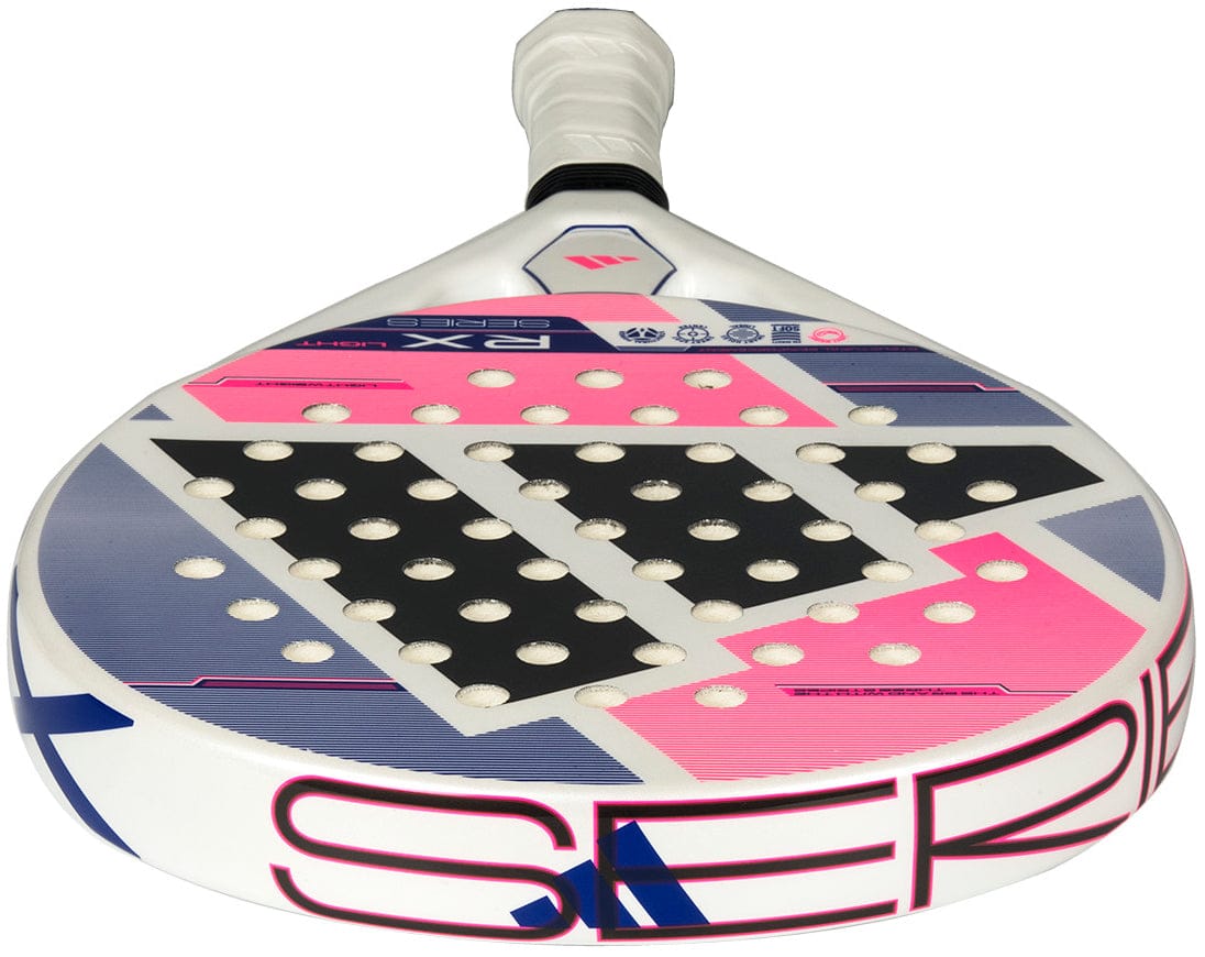 A close-up of the adidas ADIDAS RX Series Light 2026 Padel Racket - White, showcasing its lightweight build, geometric design in white, pink, black, and blue with perforated holes and a white grip handle.