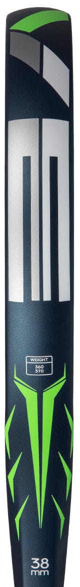 Close-up of a cricket bat with bold white and bright green geometric designs on a dark blue background—echoing the striking style of the adidas Drive Blue 2026 Padel Racket in Blue/Green.