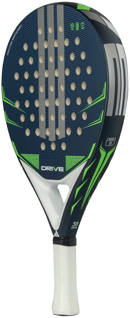 The adidas Drive Blue 2026 Padel Racket - Blue/Green features a black and blue fibreglass face with green accents, round holes, a white grip, and "DRIVE" near the handle—ideal for beginners.