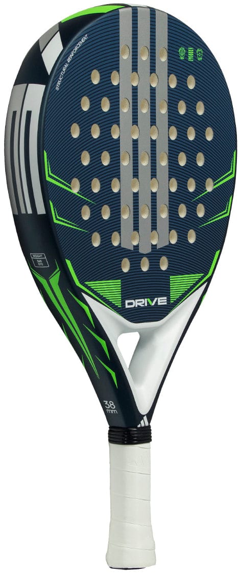 The adidas Drive Blue 2026 Padel Racket features a blue and green design with black details, a white grip, and round holes. "DRIVE" is printed near the center, making it an ideal choice for beginners.