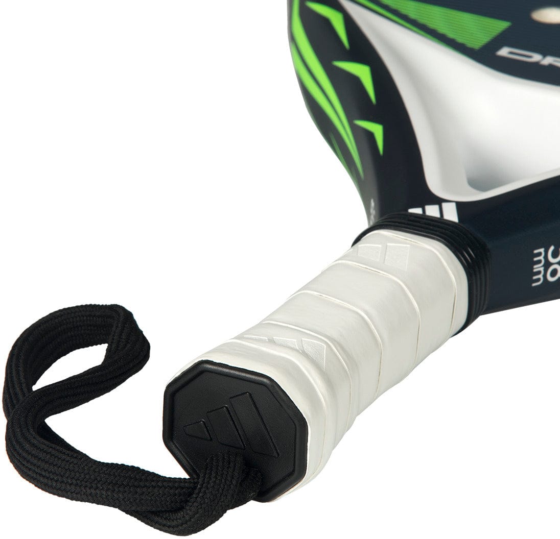 Close-up of the adidas ADIDAS Drive Blue 2026 Padel Racket featuring a blue and green frame, black and white fibreglass handle with white grip and black wrist strap—perfect for beginner padel players.