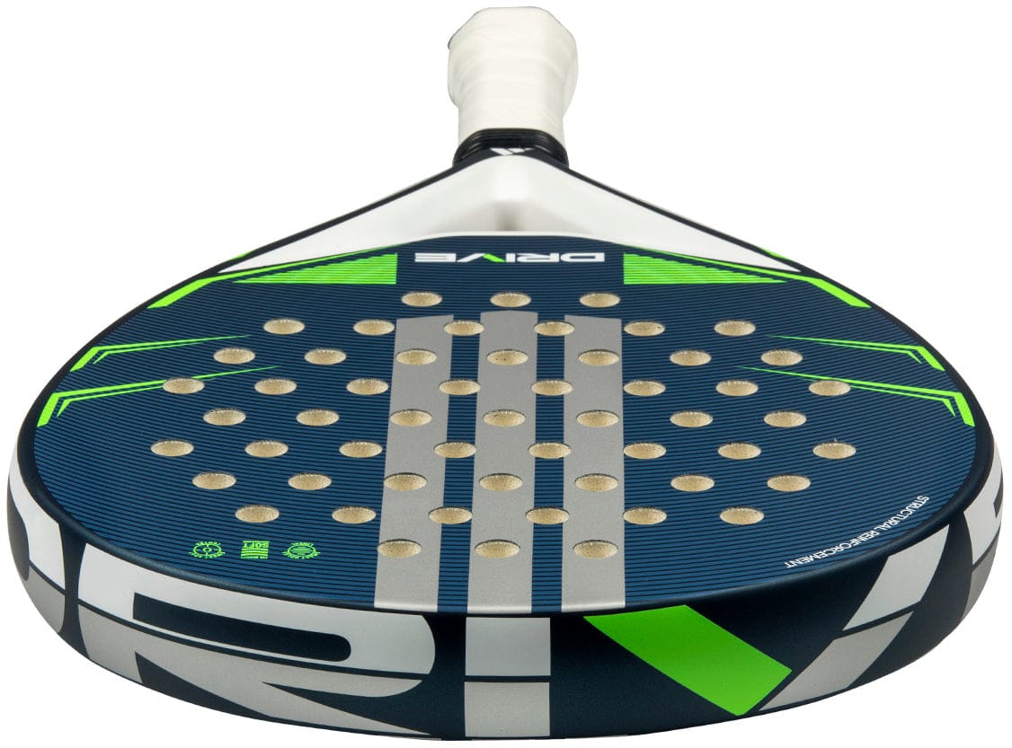 A close-up of the adidas Drive Blue 2026 Padel Racket, designed for beginners in blue and green with a white grip, "DRIVE" label, multiple circular holes, and a durable fibreglass construction.