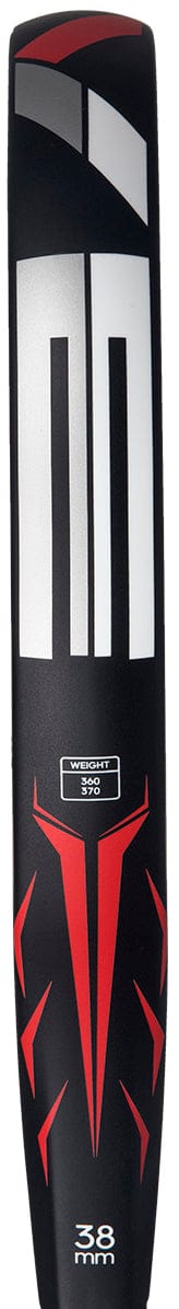 Close-up of the back of a black cricket bat with bold white and red geometric designs, weight "2.8," and "38 mm" at the bottom—echoing the striking look of the adidas ADIDAS Drive Black 2026 Padel Racket - Black / Red, great for all skill levels.