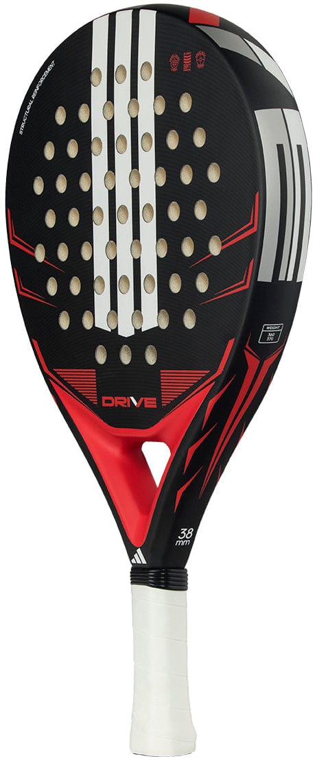 The adidas Drive Black 2026 Padel Racket in black and red features a round head, perforated holes, "DRIVE" on the front, and a white grip tape handle for comfortable play.