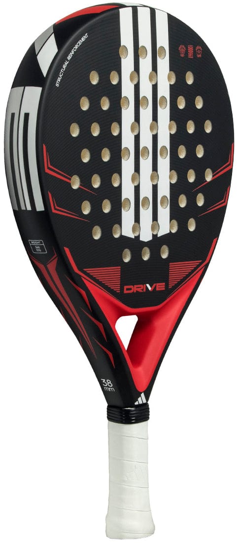 The adidas Drive Black 2026 Padel Racket in black/red features a white handle, circular holes, DRIVE label, and white stripes—ideal for beginners seeking comfort and stylish design.