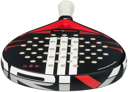 A close-up of the adidas Drive Black 2026 Padel Racket – Black / Red shows its bold black and red design, white grip tape, circular holes, and striking graphics, making it a comfortable choice for beginners.