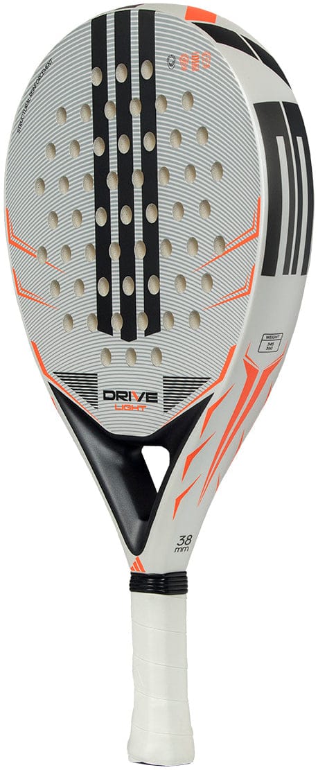 The adidas Drive Light 2026 Padel Racket in white and orange features black accents, circular face holes, a white grip handle, and "DRIVE" text near the throat.