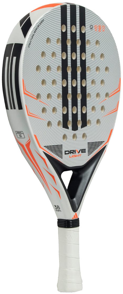 The adidas Drive Light 2026 Padel Racket - White / Orange features a lightweight design with black details, orange accents, circular holes on the head, and a white grip handle. It is shown vertically against a plain background.