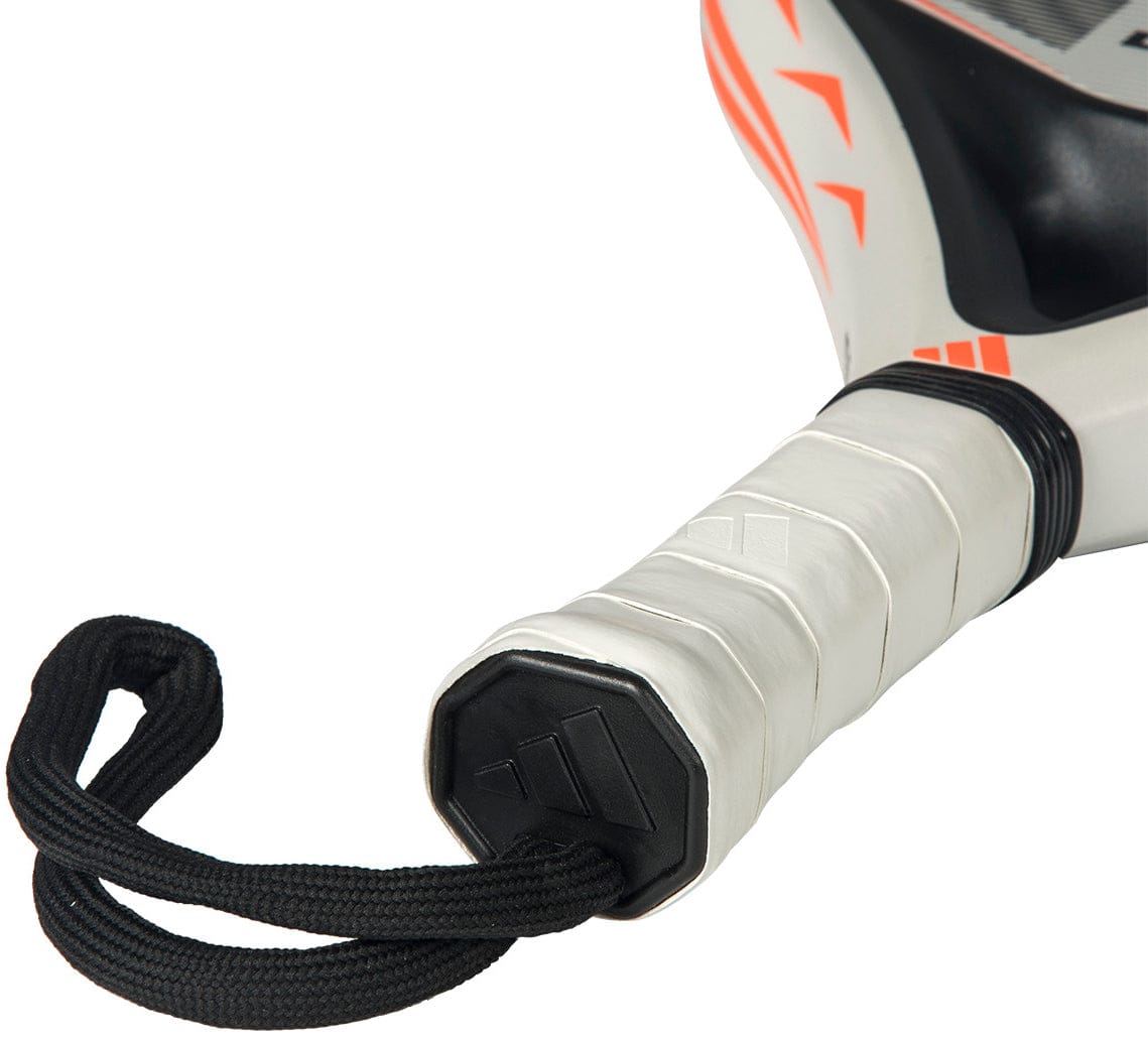 Close-up of the adidas Drive Light 2026 Padel Racket - White / Orange handle, featuring a black wrist strap, white grip tape, and the adidas logo at the end. This lightweight racket offers comfort and control on the court.