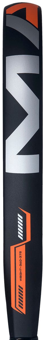 Close-up of a black cricket bat with bold silver and orange geometric designs, echoing the dynamic look of the adidas Match Black 2026 Padel Racket - Black / Orange.