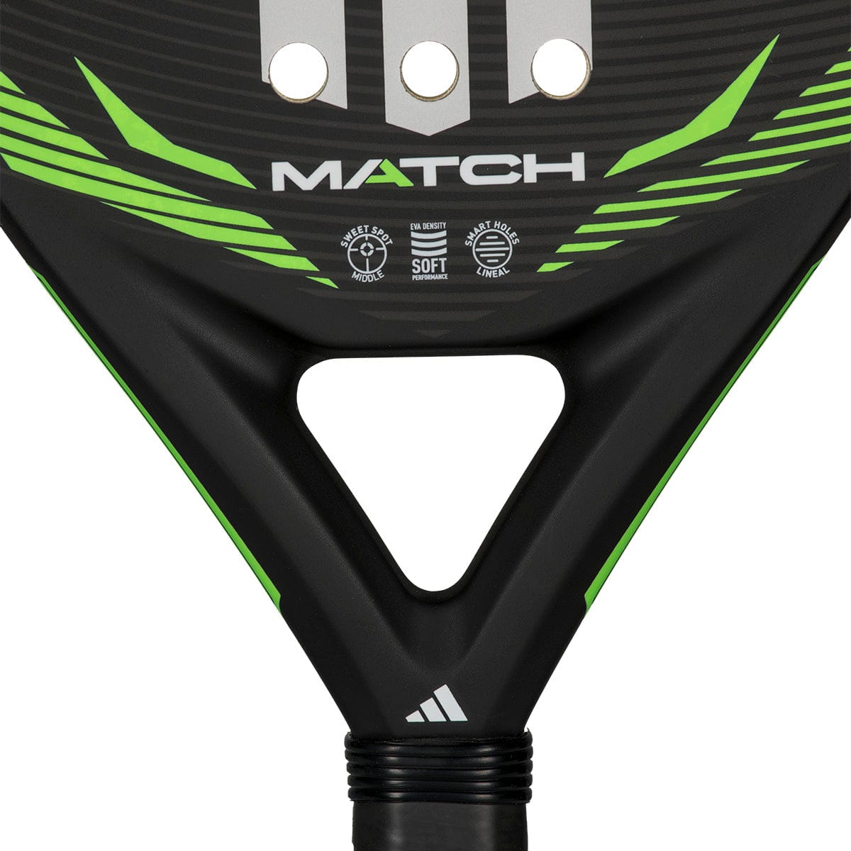Close-up of the adidas Match Lime 2026 Padel Racket - Black / Lime, a teardrop racket ideal for beginners, featuring the adidas logo at the center, "MATCH" text, and textured detail above the handle.