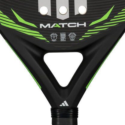 Close-up of the adidas Match Lime 2026 Padel Racket - Black / Lime, a teardrop racket ideal for beginners, featuring the adidas logo at the center, "MATCH" text, and textured detail above the handle.