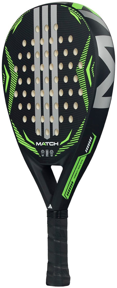 The adidas Match Lime 2026 Padel Racket - Black/Lime features a black teardrop design with green and silver accents, perforated surface, and "MATCH" print; perfect for beginner padel players.