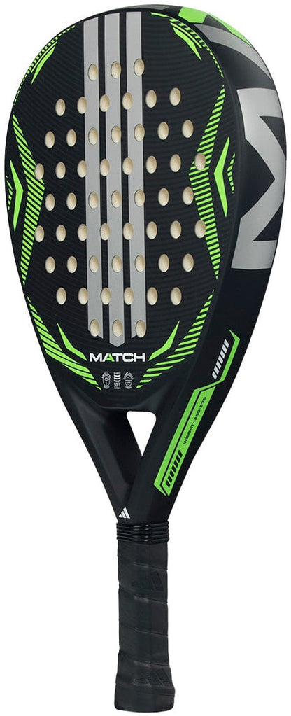 The adidas Match Lime 2026 Padel Racket - Black/Lime features a black teardrop design with green and silver accents, perforated surface, and "MATCH" print; perfect for beginner padel players.