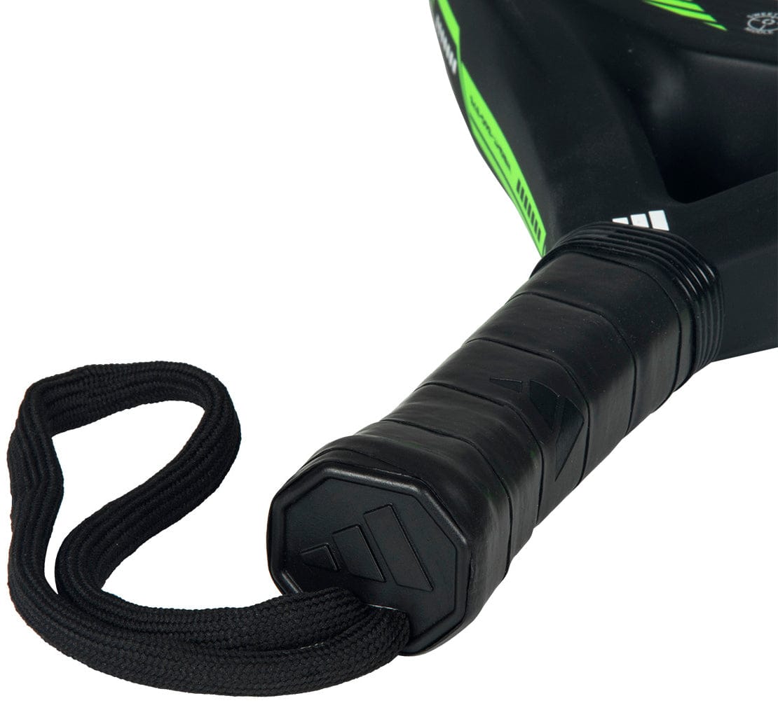 Close-up of the adidas Match Lime 2026 Padel Racket - Black / Lime handle, featuring a textured grip, wrist strap, and green accents on this teardrop racket.
