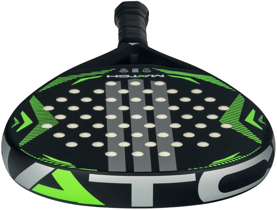 A close-up of the adidas Match Lime 2026 Padel Racket - Black / Lime, a teardrop racket with a perforated face, textured grip handle, and bold geometric design in black and lime.