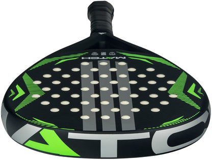 A close-up of the adidas Match Lime 2026 Padel Racket - Black / Lime, a teardrop racket with a perforated face, textured grip handle, and bold geometric design in black and lime.