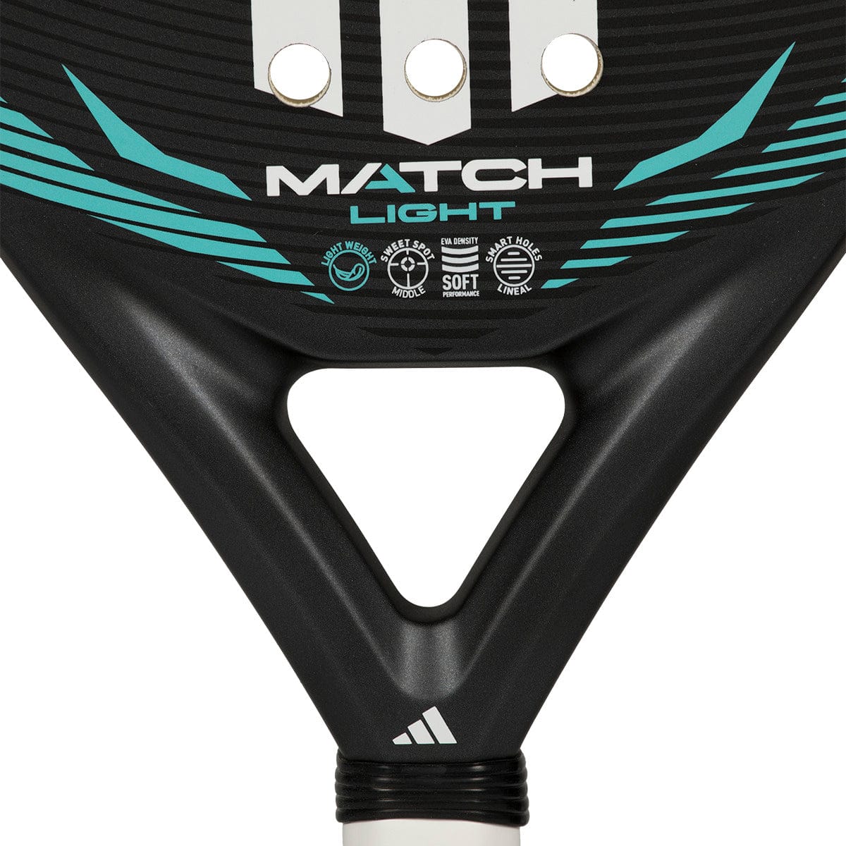 Close-up of the adidas Match Light 2026 padel racket, a lightweight black and teal racket with "MATCH LIGHT" text, stylish graphics, round holes, small icons by the handle, and the adidas logo at the base.